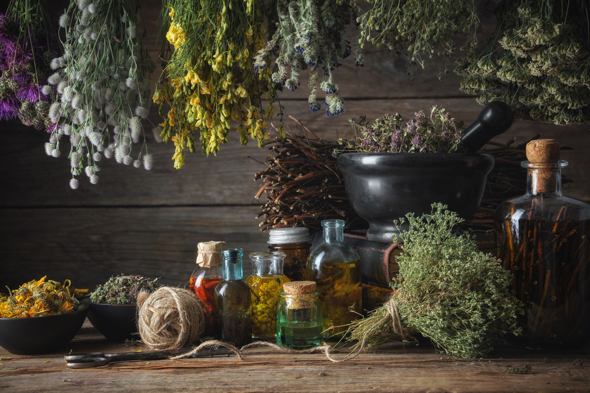 Rustic apothecary scene with bundles of dried herbs hanging overhead and a wooden table filled with a black mortar and pestle, tied herb bunches, small glass bottles and jars of colored oils, bowls of dried petals and a ball of twine.