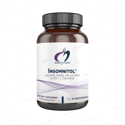 Brown plastic supplement bottle with a black screw cap and white-and-purple label reading "InsomniTOL" by Designs for Health, listing calming herbs, melatonin, 5‑HTP + L‑theanine and "60 vegetarian capsules".
