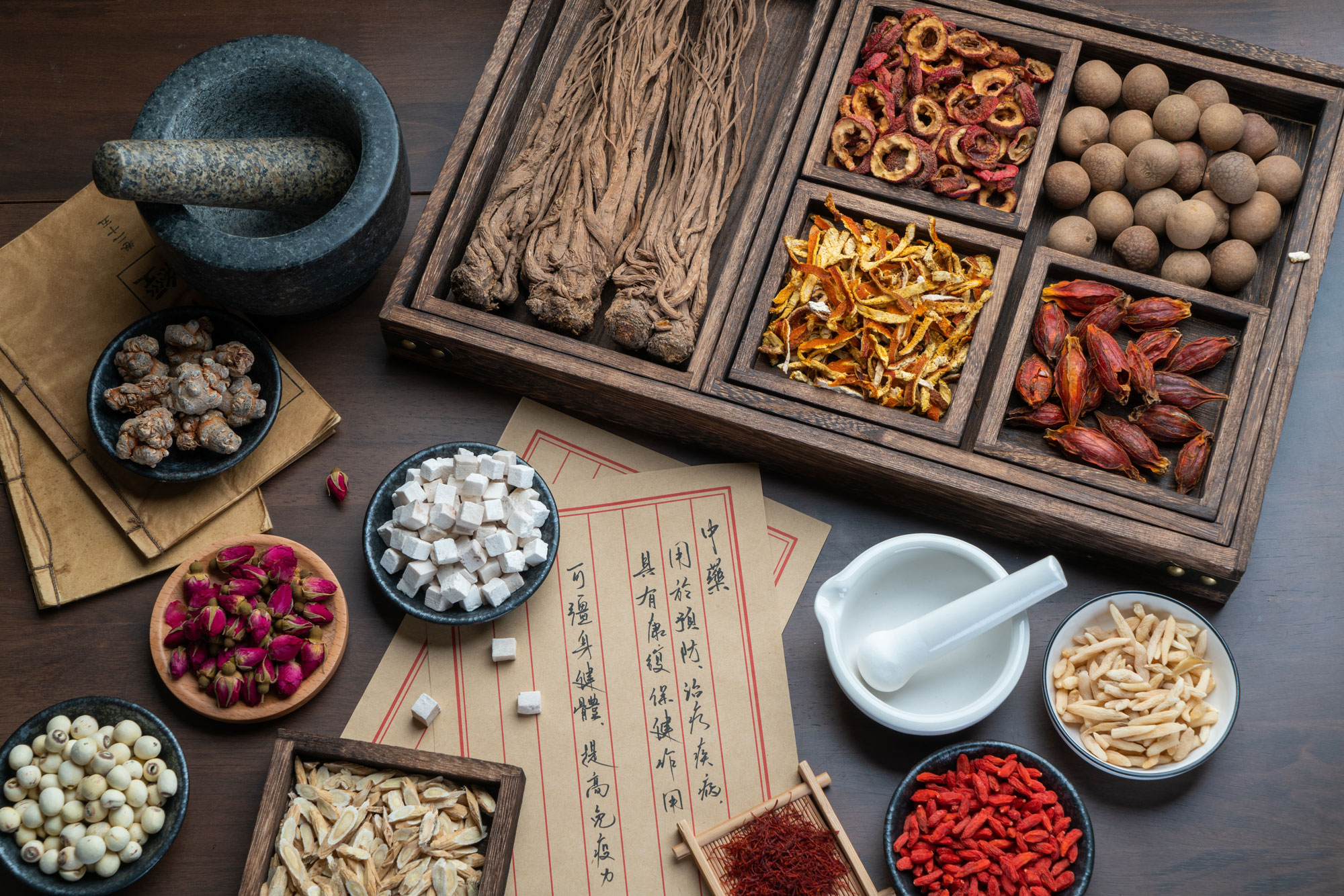 Flat lay of traditional Chinese medicinal herbs with a wooden compartment box holding long dried roots, citrus peel strips, round brown berries and red pods, surrounded by bowls of cubed white root, rosebuds, goji berries, sliced herbs, a stone mortar and pestle, a white porcelain mortar and pestle, and handwritten prescription papers.