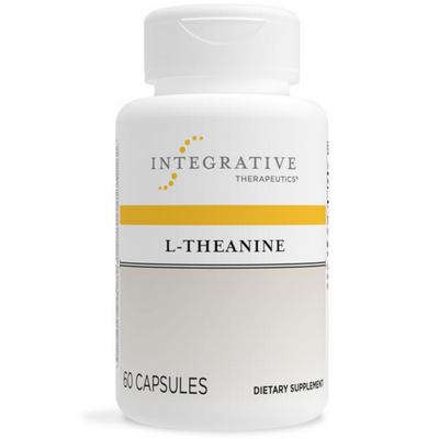 White plastic supplement bottle labeled Integrative Therapeutics with a yellow accent band and the product name L-Theanine, indicating 60 capsules and dietary supplement.