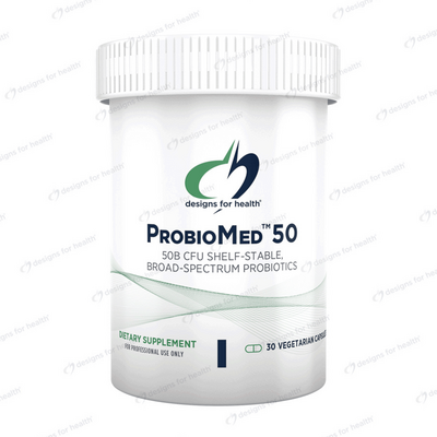 White plastic supplement jar with a ribbed white lid, showing the Designs for Health logo and the label 'ProbioMed 50' with text indicating '50B CFU shelf-stable, broad-spectrum probiotics,' 'dietary supplement,' and '30 vegetarian capsules'.